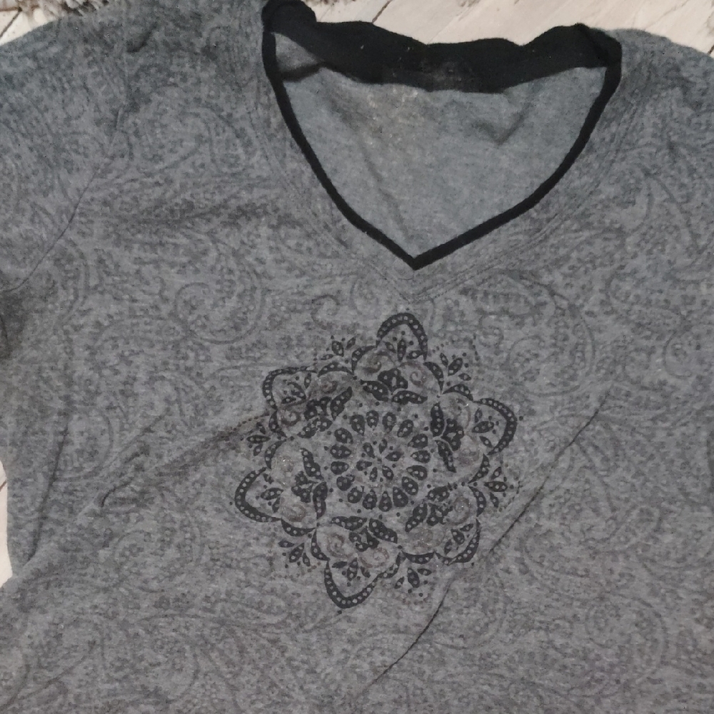 Gray V-Neck Shirt with Black Mandala Design